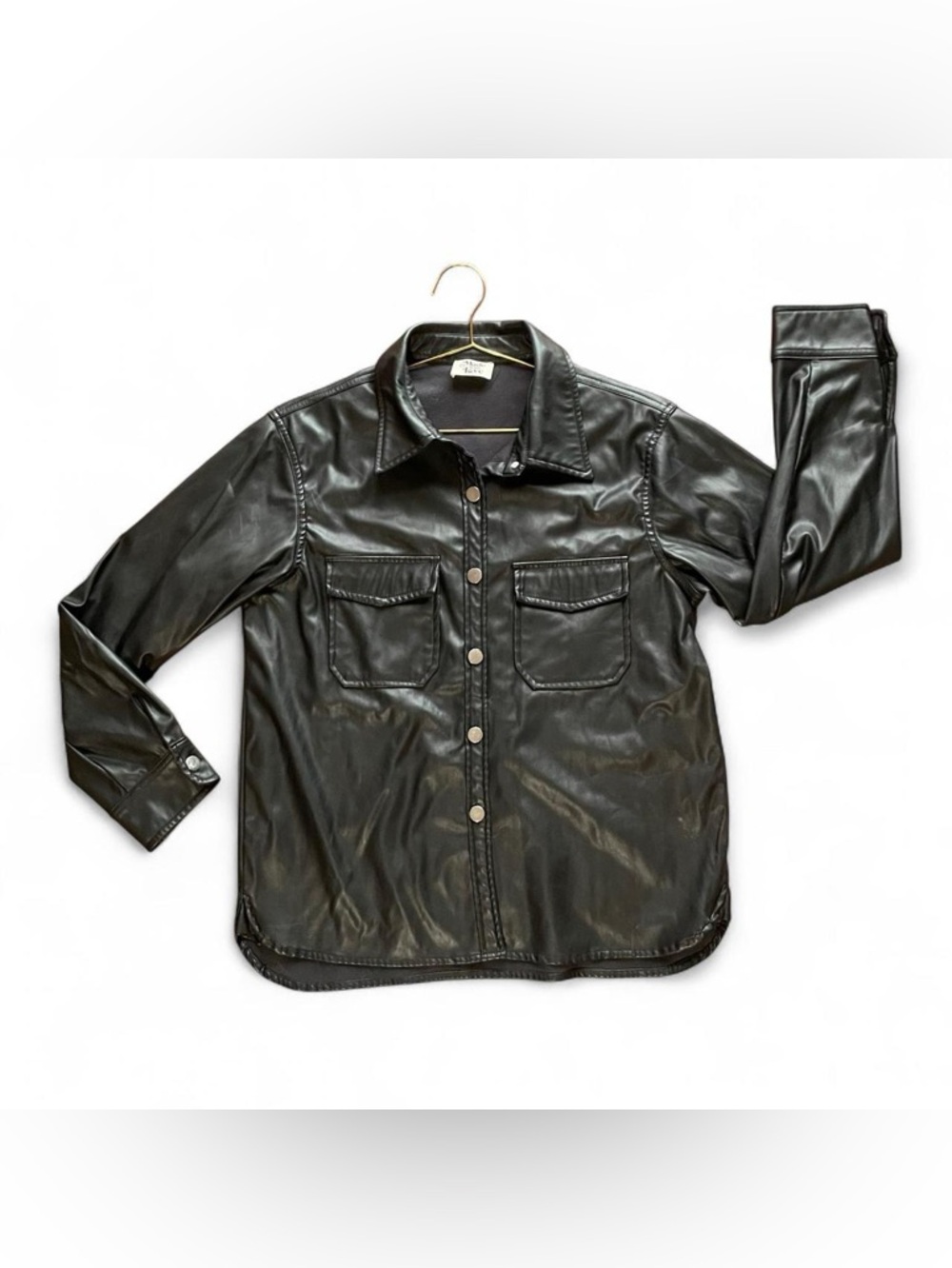 Y2K Black Faux Leather Shacket – Vintage-Inspired Snap Button PU Jacket (M)